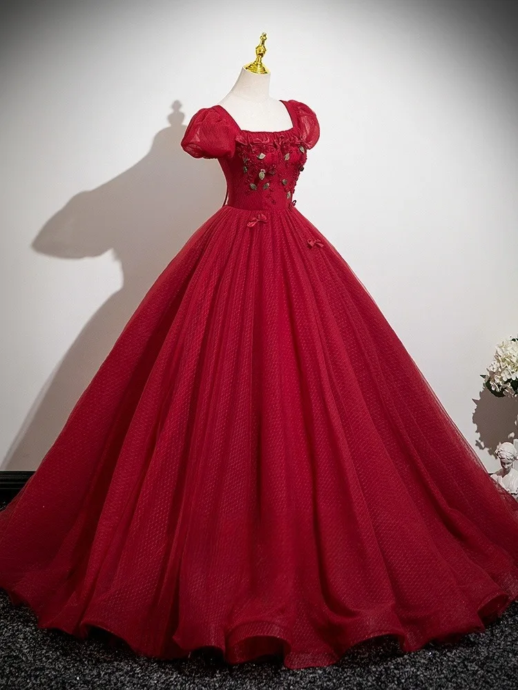 Flower Fairy Burgundy Appliques Prom Dresses 2025 Ball Gown Square Neckline Puffy Short
