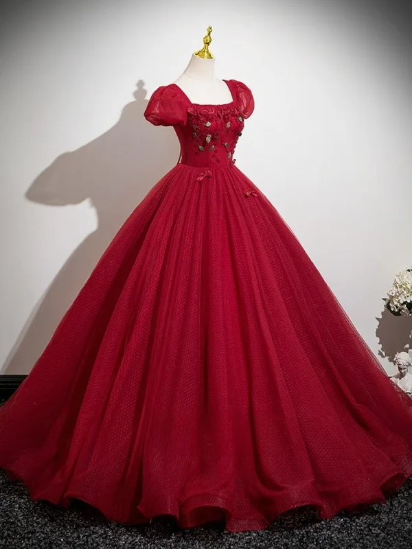Flower Fairy Burgundy Appliques Prom Dresses 2025 Ball Gown Square Neckline Puffy Short Sleeve Backless Floor-Length / Long Formal Dresses