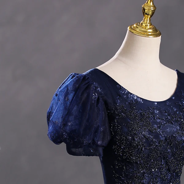 Vintage / Retro Navy Blue Beading Sequins Prom Dresses 2023 Ball Gown Scoop Neck Puffy Short Sleeve Backless Floor-Length / Long Prom Formal Dresses