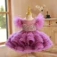 Chic / Beautiful Lilac Cascading Ruffles Pearl Birthday Flower Girl Dresses 2023 Ball Gown Scoop Neck Short Sleeve Backless Short