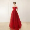 Chic / Beautiful Red Prom Dresses 2024 A-Line / Princess Off-The-Shoulder Sleeveless Backless Floor-Length / Long Prom Formal Dresses