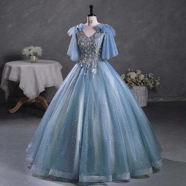 Sparkly Sky Blue Grey Beading Sequins Prom Dresses 2023 Ball Gown V-Neck Short Sleeve Backless Floor-Length / Long Prom Formal Dresses