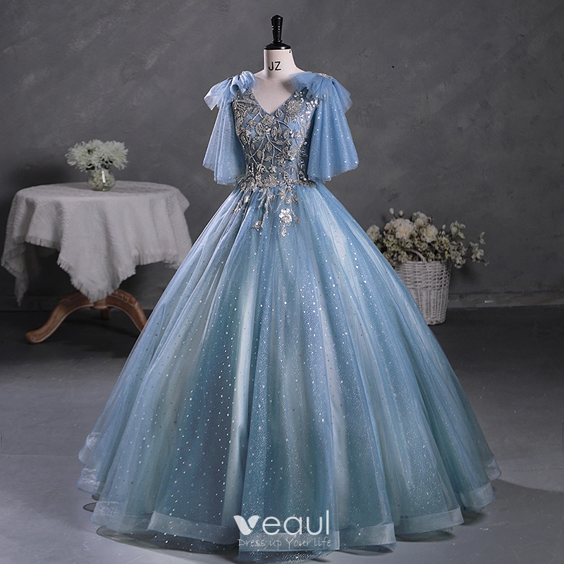 Sparkly Sky Blue Grey Beading Sequins Prom Dresses 2023 Ball Gown V-Neck  Short Sleeve Backless Floor-Length / Long Prom Formal Dresses