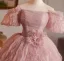 Chic / Beautiful Blushing Pink Beading Ruffle Prom Dresses 2025 Ball Gown Off-The-Shoulder Short Sleeve Backless Floor-Length / Long Prom Formal Dresses