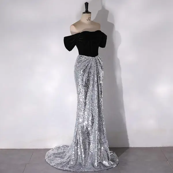 Sexy Schwarz Pailletten Abendkleider 2024 Ballkleid Off Shoulder Kurze Ärmel Rückenfreies Sweep / Pinsel Zug Abend Festliche Kleider