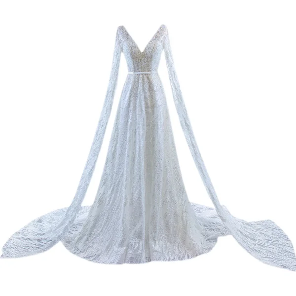 High End Weiß Perlenstickerei Pailletten Brautkleider / Hochzeitskleider 2022 A Linie Stoffgürtel V-Ausschnitt Lange Ärmel Rückenfreies Hof-Schleppe Hochzeit