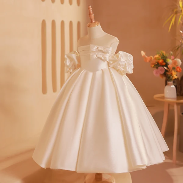 Elegant Ivory Satin Beading Bow Flower Girl Dresses 2024 Ball Gown Birthday Strapless Short Sleeve Backless Tea-length