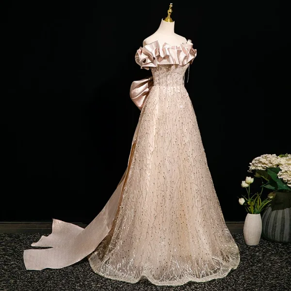 Charmant Champagne Perlage Paillettes Robe De Bal 2025 Princesse De l'épaule Manches Courtes Dos Nu Noeud Train De Balayage Tulle Robe De Ceremonie