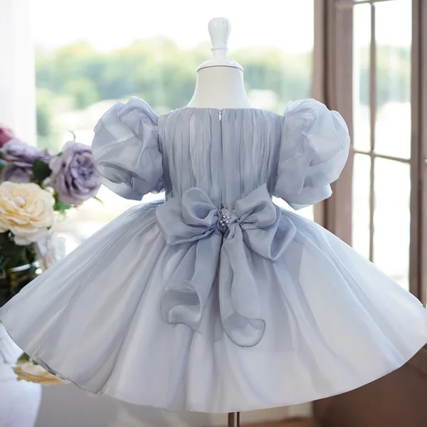 Élégant Gris Perle Courte Anniversaire Robe Ceremonie Fille 2024 Robe Boule U-Cou Gonflée Manches Courtes Noeud