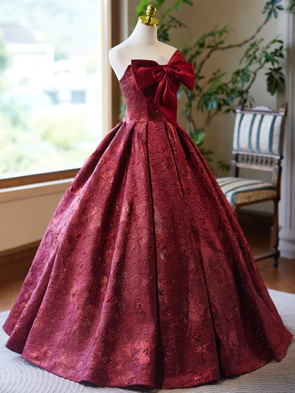 Élégant Bordeaux Impression Robe De Bal 2024 Robe Boule Bustier Noeud Sans Manches Dos Nu Longue Promo Robe De Ceremonie
