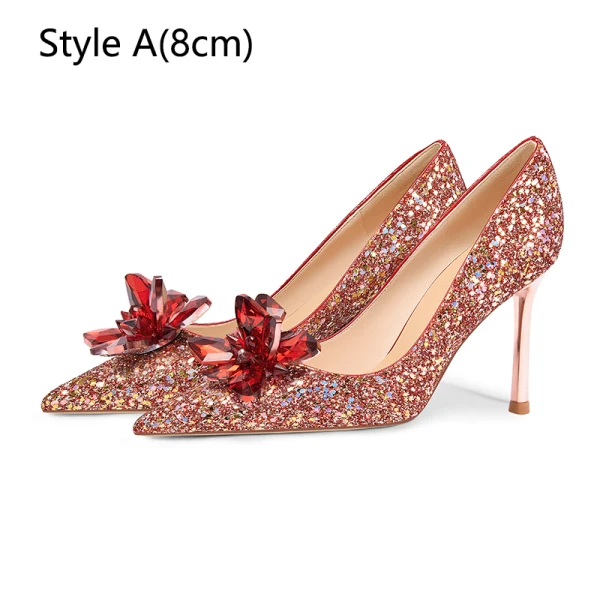 Charmant Bordeaux Cristal Paillettes Chaussure De Mariée 2024 Cuir 8 cm Talons Aiguilles À Bout Pointu Mariage Escarpins Talons Hauts