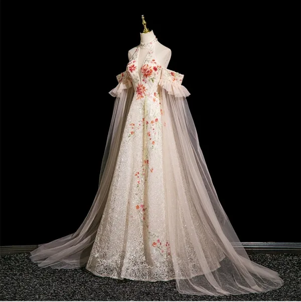 Élégant Champagne Perlage Gland Paillettes En Dentelle Fleur Robe De Bal 2025 Princesse Col Haut Manches Courtes Dos Nu Longue Robe De Ceremonie