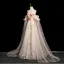 Élégant Champagne Perlage Gland Paillettes En Dentelle Fleur Robe De Bal 2025 Princesse Col Haut Manches Courtes Dos Nu Longue Robe De Ceremonie