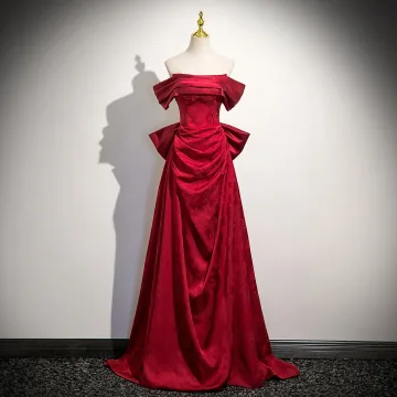 Chic Beautiful Burgundy Prom Dresses 2025 A Line Princess Off The Shoulder Short Sleeve Backless Bow Sweep Train Prom Formal Dresses