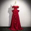 Chic / Beautiful Burgundy Prom Dresses 2025 A-Line / Princess Off-The-Shoulder Short Sleeve Backless Bow Sweep Train Prom Formal Dresses