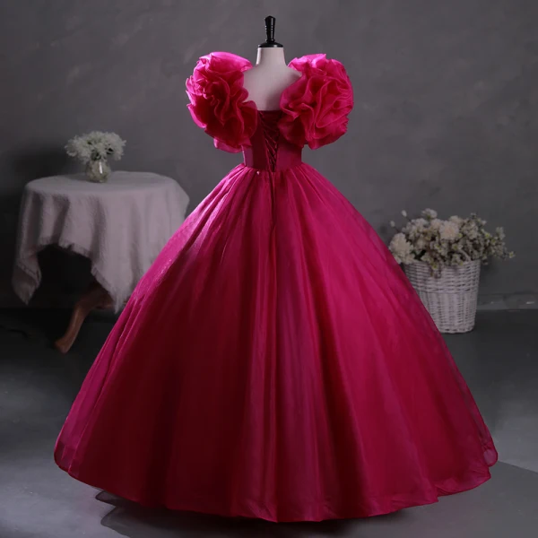 Vintage / Retro Ethnic Fuchsia Beading Prom Dresses 2023 Ball Gown Scoop Neck Ruffle Short Sleeve Backless Floor-Length / Long Prom Formal Dresses