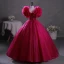 Vintage / Retro Ethnic Fuchsia Beading Prom Dresses 2023 Ball Gown Scoop Neck Ruffle Short Sleeve Backless Floor-Length / Long Prom Formal Dresses