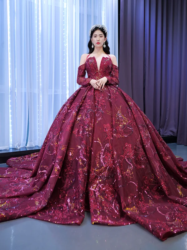 High-end Vintage / Retro Burgundy Handmade  Sequins Lace Flower Prom Dresses 2023 Ball Gown Halter 3/4 Sleeve Backless Chapel Train Formal Dresses