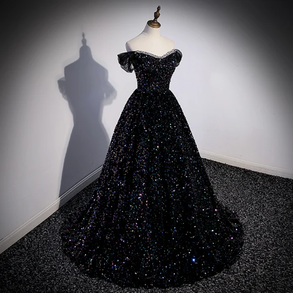 Glitzernden Schwarz Multifarben Pailletten Ballkleider 2023 Ballkleid Off Shoulder Kurze Ärmel Rückenfreies Sweep / Pinsel Zug Ball Festliche Kleider