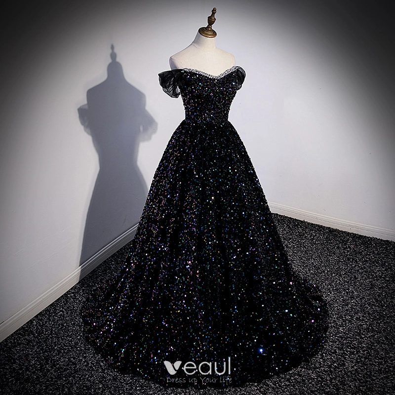 Sparkly Black Multi-Colors Sequins Prom Dresses 2023 Ball Gown  Off-The-Shoulder Short Sleeve Backless Sweep Train Prom Formal Dresses