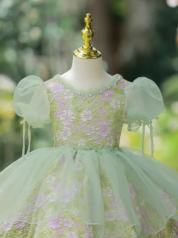 Chic / Beautiful Sage Green Flower Prom Short Flower Girl Dresses 2022 Ball Gown Pearl Scoop Neck Puffy Short Sleeve Backless Flower Girl Dresses