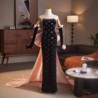 Sexy Schwarz Strass Abendkleider 2025 Meerjungfrau Bandeau Lange Ärmel Rückenfreies Schleife Lange Abend Festliche Kleider