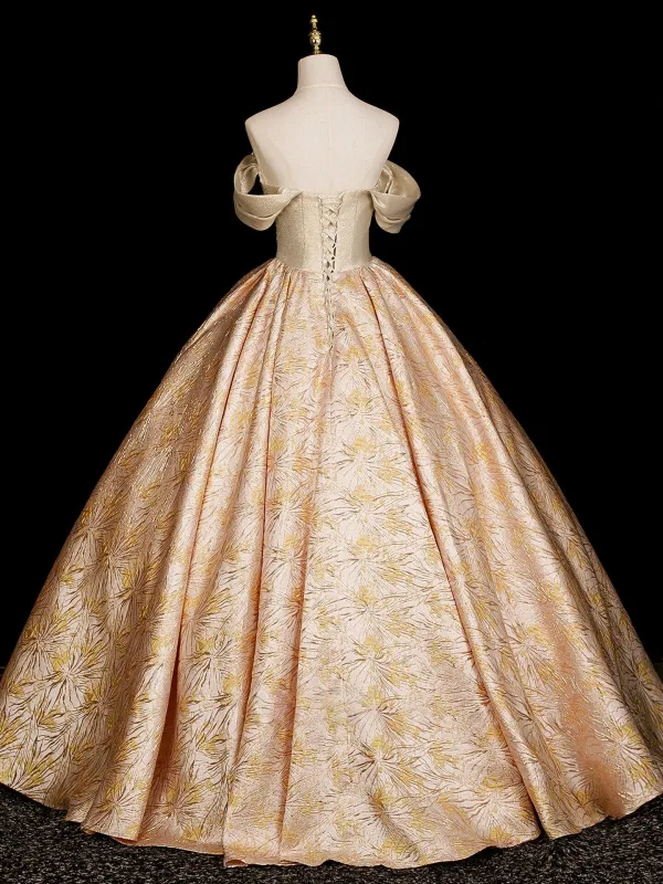 Vintage / Retro Champagne Appliques Satin Prom Dresses 2026 Ball Gown Strapless Sleeveless Backless Floor-Length / Long Formal Dresses