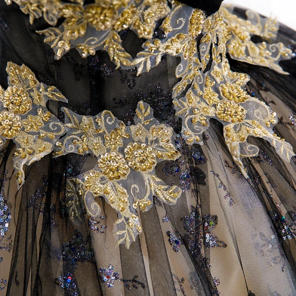 Élégant Noire Perlage Paillettes En Dentelle Fleur Robe De Bal 2022 Robe Boule V-Cou Manches Courtes Dos Nu Longue Promo Robe De Ceremonie
