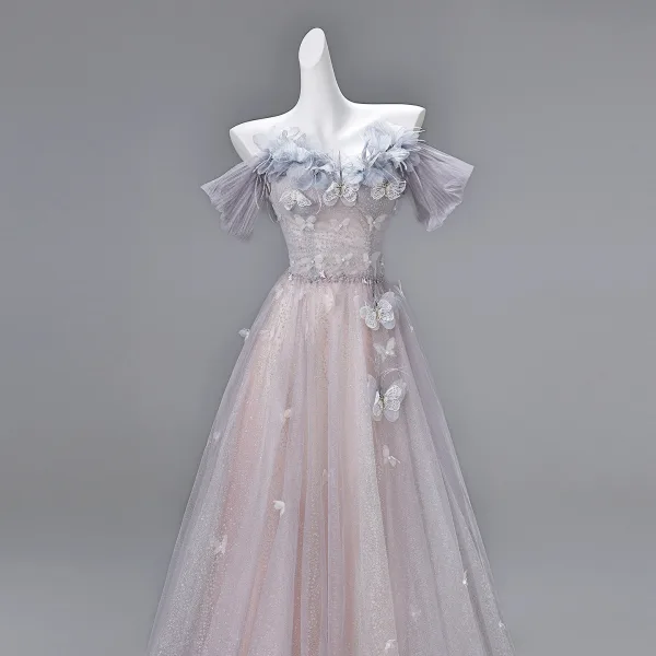 Bling Bling Lavande En Dentelle Papillon Appliques Paillettes Robe De Soirée 2026 Princesse De l'épaule Manches Courtes Dos Nu Longue Robe De Ceremonie