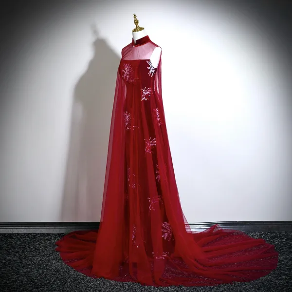 Chinese style Burgundy Sequins Velvet Evening Dresses 2025 Ball Gown High Neck Sleeveless Backless Floor-Length / Long Formal Dresses