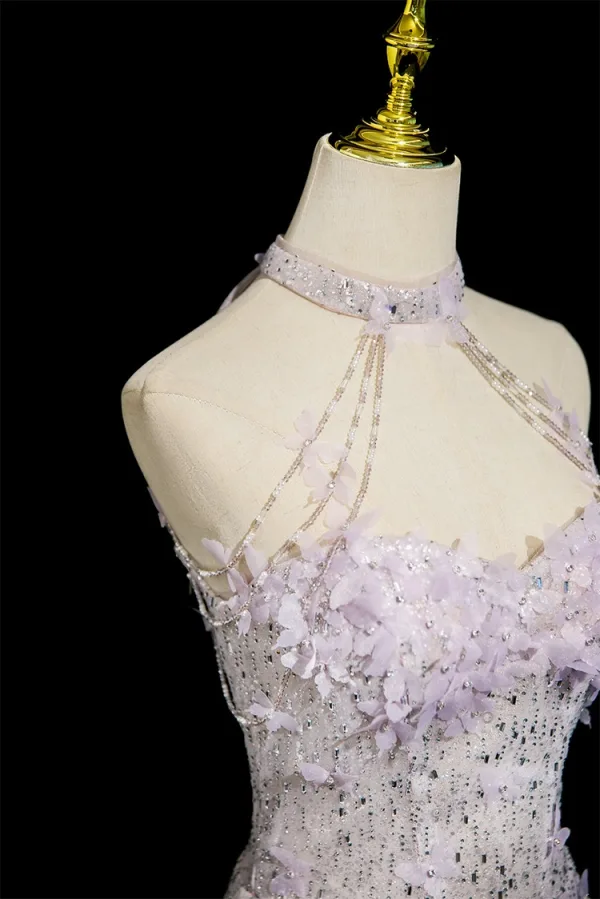 Charming Lavender Beading Appliques Sequins Prom Dresses 2025 A-Line / Princess High Neck Sleeveless Backless Floor-Length / Long Formal Dresses