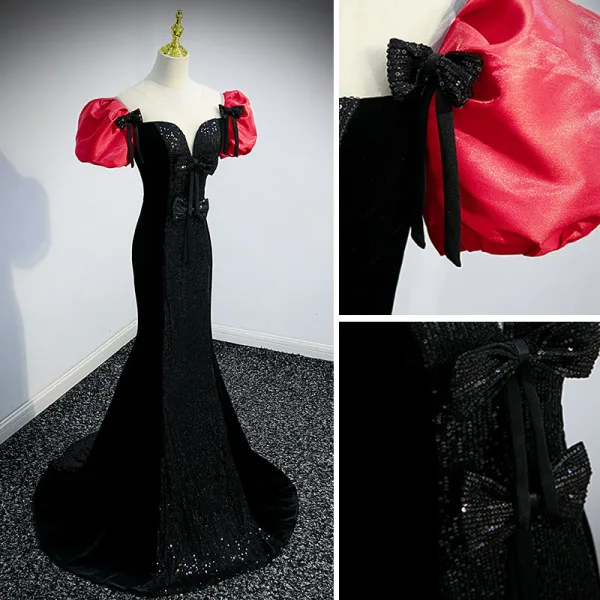 Sexy Noire Paillettes Noeud Robe De Soirée 2022 Trompette / Sirène Encolure Dégagée Gonflée Manches Courtes Dos Nu Train De Balayage Soirée Robe De Ceremonie