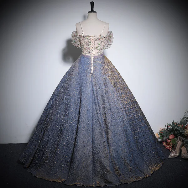 Elegant Sky Blue Beading Rhinestone Sequins Prom Dresses 2024 Ball Gown Off-The-Shoulder Short Sleeve Backless Floor-Length / Long Prom Formal Dresses