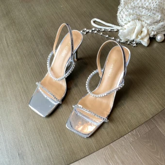 Sexy Argenté Soirée Été Faux Diamant Sandales Femme 2022 9 Cm Talons Aiguilles Peep Toes Bout Ouvert Sandales Talons Hauts