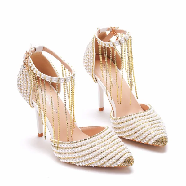 Charming Gold Pearl Rhinestone Wedding Shoes 2023 Ankle Strap 9 cm Stiletto Heels Pointed Toe Wedding High Heels