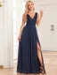 Simple Bleu Marine Fendue devant Robe De Bal 2024 Princesse Chiffon V-Cou Sans Manches Dos Nu Longue Promo Robe De Ceremonie