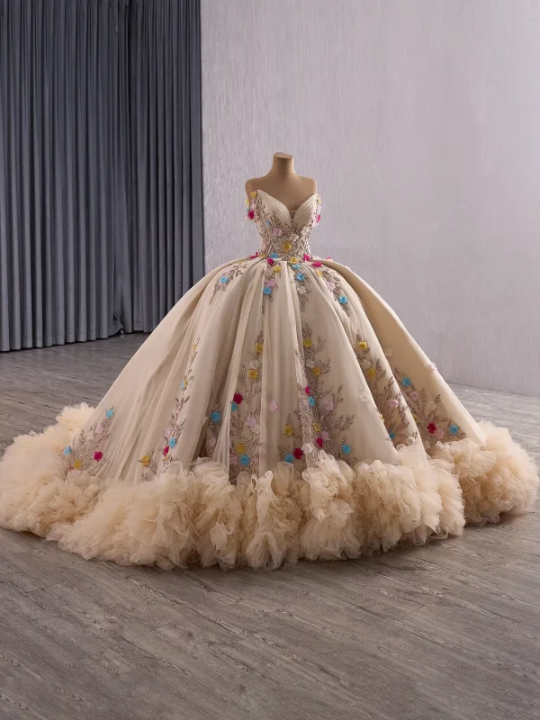Luxury / Gorgeous Champagne Handmade  Rhinestone Appliques Sequins Prom Dresses 2025 Ball Gown Off-The-Shoulder Short Sleeve Backless Court Train Formal Dresses