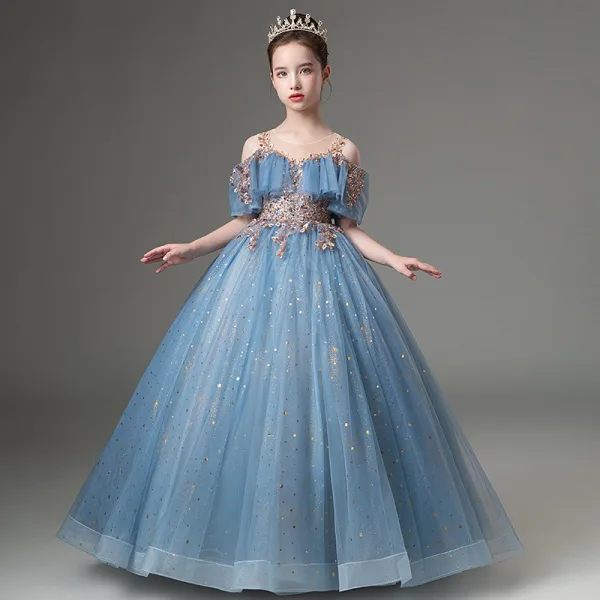 Chic / Beautiful Sky Blue Beading Sequins Birthday Flower Girl Dresses 2024 Ball Gown Scoop Neck Short Sleeve Floor-Length / Long