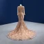 Sparkly Champagne Beading Pearl Sequins Evening Dresses 2022 Trumpet / Mermaid High Neck Long Sleeve Court Train Evening Party Formal Dresses