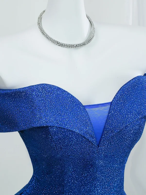Sleek Glitter Gradient-Color Royal Blue Prom Dresses 2026 A-Line / Princess Off-The-Shoulder Short Sleeve Backless Floor-Length / Long Formal Dresses