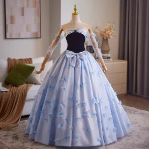 Charmant Bleu Ciel Noeud Papillon Robe De Bal 2025 Robe Boule Bustier Manches Courtes Dos Nu Longue Robe De Ceremonie