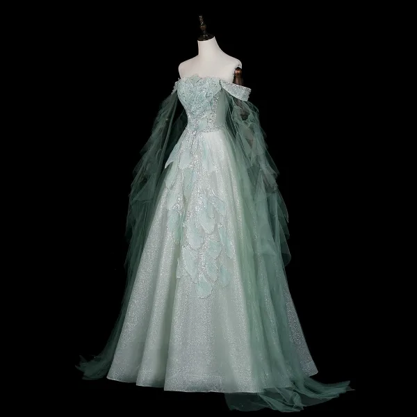 Fashion Mint Green Beading Rhinestone Sequins Prom Dresses 2026 A-Line / Princess Off-The-Shoulder Sleeveless Backless Floor-Length / Long Formal Dresses