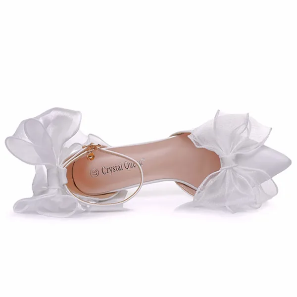 Fashion White Ankle Strap Bow Wedding Shoes 2025 7 cm Stiletto Heels Pointed Toe Wedding High Heels