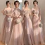 Chic / Beautiful Dusky Pink Pearl Rhinestone Sequins Bridesmaid Dresses 2022 A-Line / Princess Short Sleeve Backless Floor-Length / Long Bridesmaid
