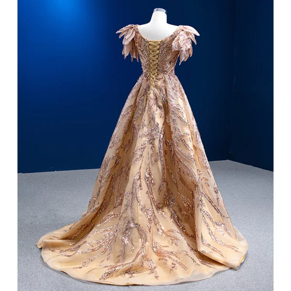 Luxe Scintillantes Doré Fait main Perlage Paillettes Robe De Bal 2022 Princesse Encolure Carrée Manches Courtes Dos Nu Train De Balayage Promo Robe De Ceremonie