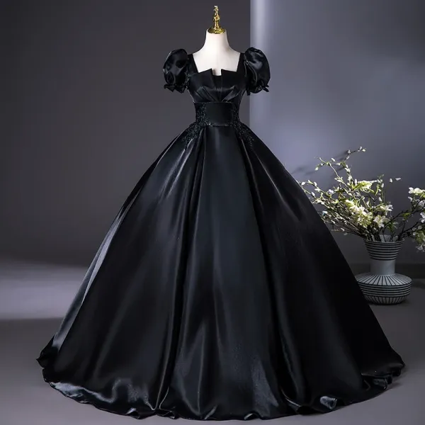 Beading Square Neck Black Puffy Sleeve Satin Prom Dress Beading Square Neck Black Puffy Sleeve Satin Prom Dress