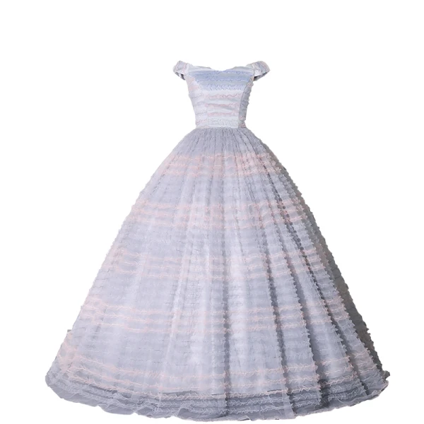 Charming Sky Blue Cascading Ruffles Prom Dresses 2023 Ball Gown Off-The-Shoulder Sleeveless Floor-Length / Long Prom Formal Dresses