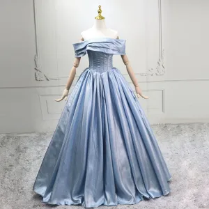 Simple Bleu Ciel Robe De Bal 2025 Robe Boule De L Épaule Manches Courtes Dos Nu Longue Promo Robe De Ceremonie