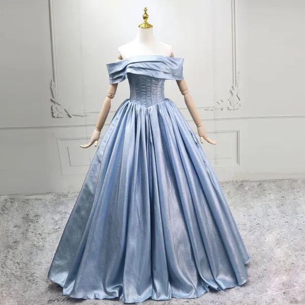 Modest Simple Sky Blue Prom Dresses 2025 Ball Gown Off-The-Shoulder Short Sleeve Long Modest Simple Sky Blue Prom Dresses 2025 Ball Gown Off-The-Shoulder Short Sleeve Long