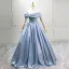Modest / Simple Sky Blue Prom Dresses 2025 Ball Gown Off-The-Shoulder Short Sleeve Backless Floor-Length / Long Prom Formal Dresses